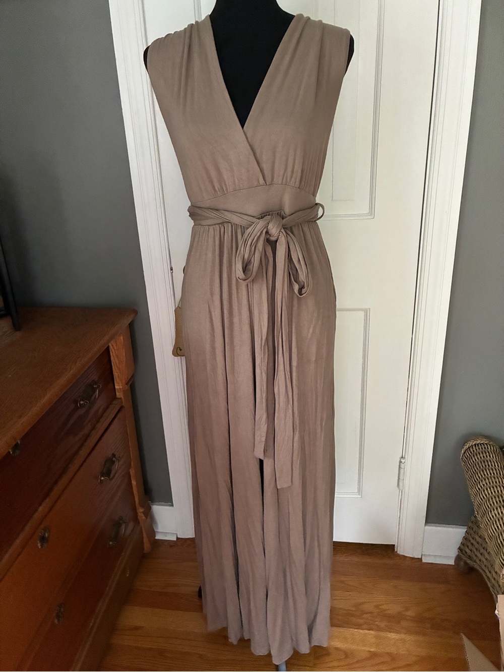 Free People Taupe Sleeveless Wrap Jumpsuit with Waist Tie
